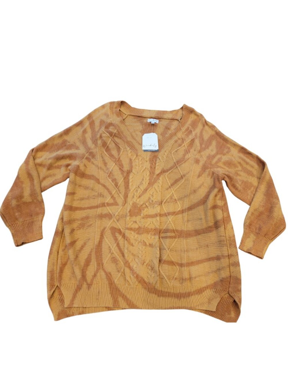 Wonderly Plus Size Drop Shoulder Tie Dye Cable Knit Sweater Gold Twist